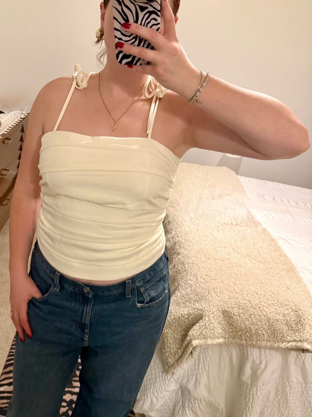 Sam Edelman Cream Tie-Shoulder Ruched Camisole
